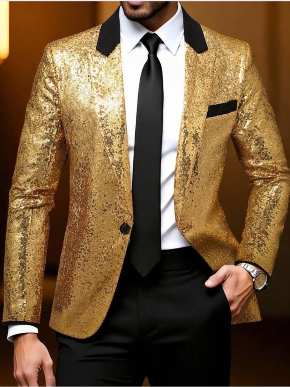 Gold Sequin Men's Blazer with Contrast Trim